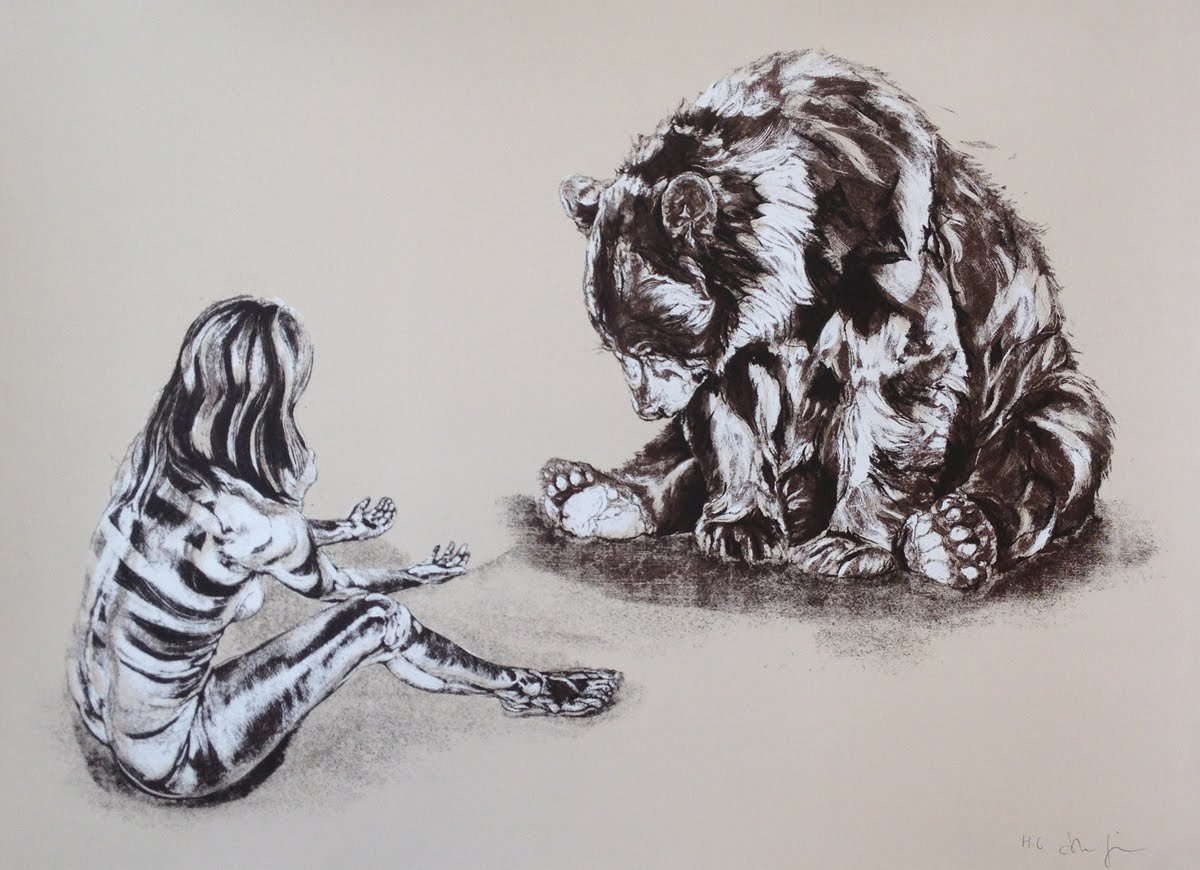 John Simpson's 'Omega & the Bear': a small striped-shirted girl sits reaching toward a large bear that bows its head to her.