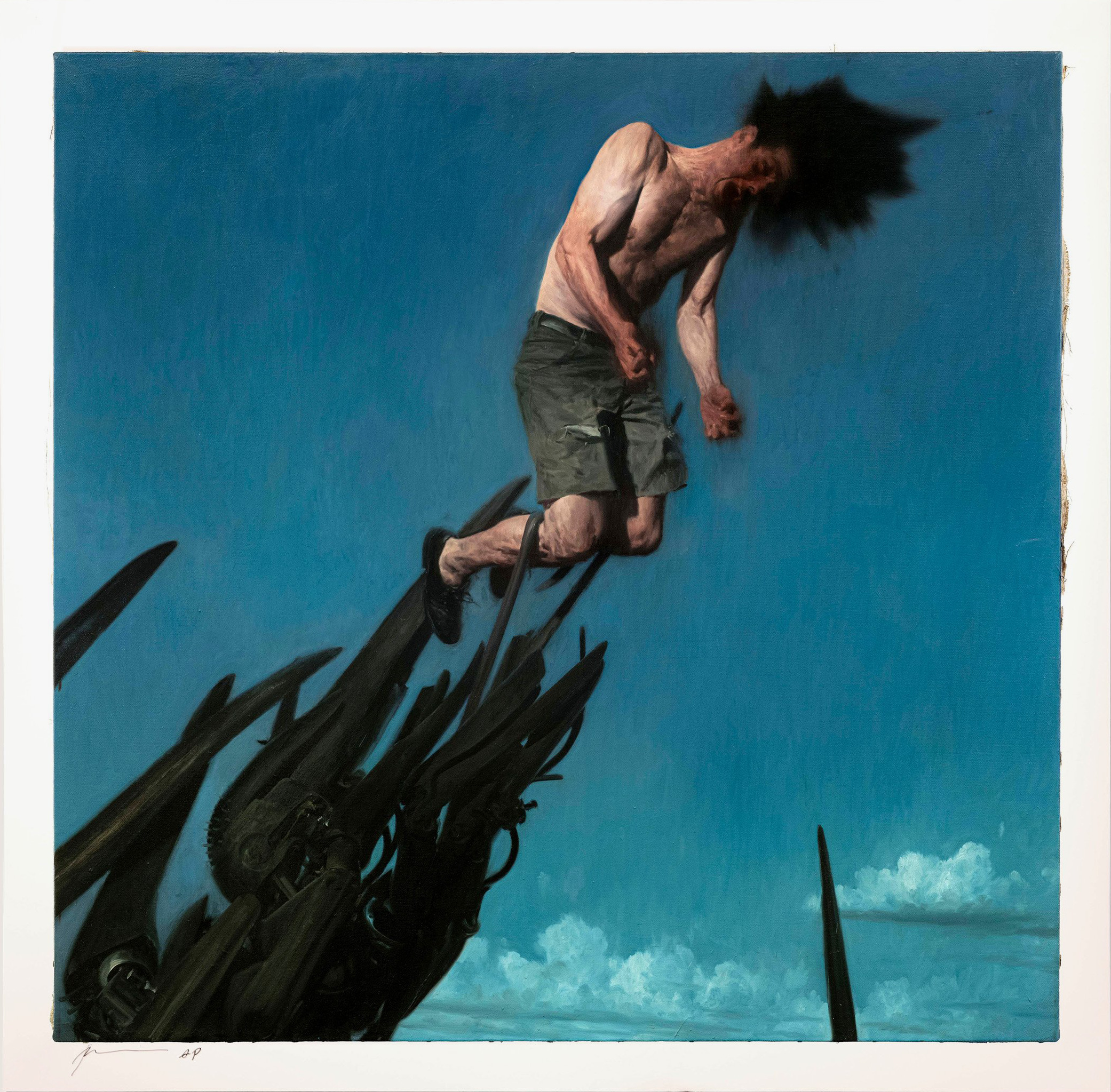 Phil Hale's painting: a shirtless man in shorts flung head-first through deep blue air above dark spike-like wreckage and cloud.