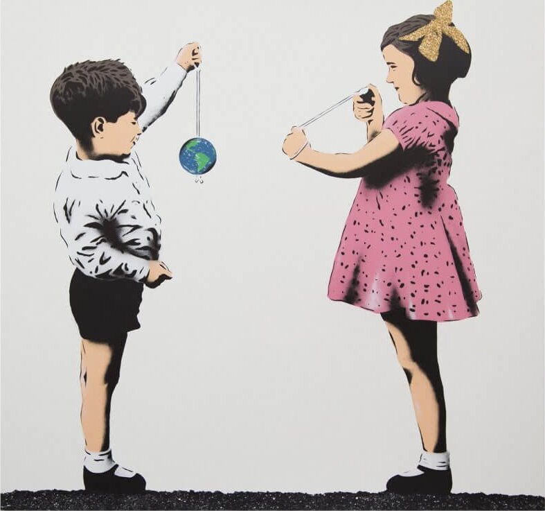 JPS's 'Conker the World' (Gold Bow Edition): a stencilled boy swinging the Earth on a string like a conker toward a girl in a pink dress with a gold glitter bow.