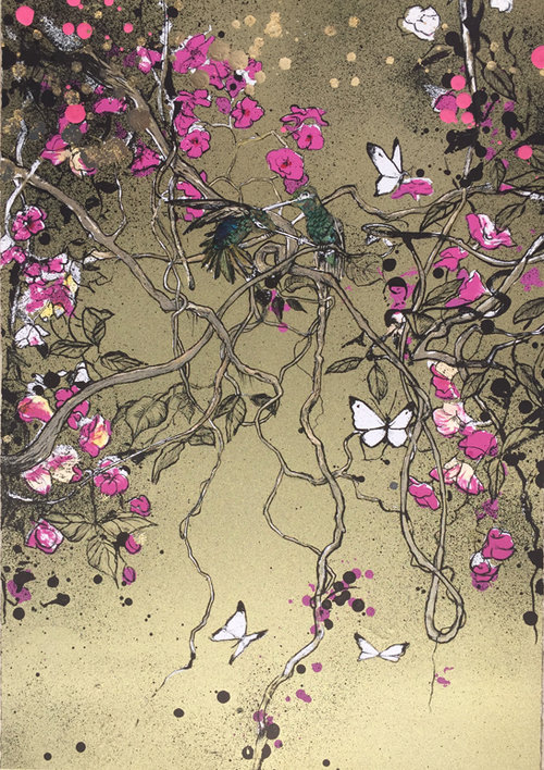 Xenz's 'Two In The Bush': two green hummingbirds perched among pink blossoms and tangled vines with white butterflies on a gold ground.