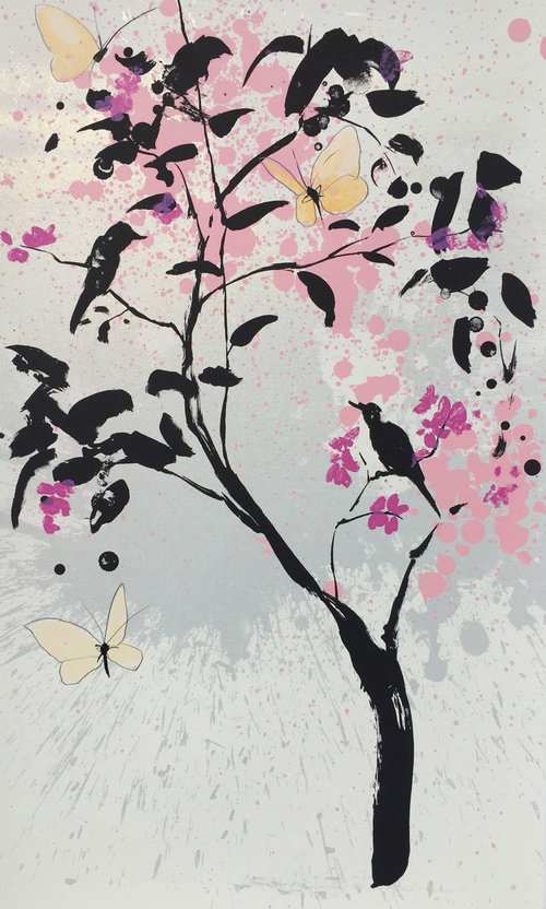 Xenz's 'The Wish Tree #2': black birds among ink-brushed foliage and pink blossom on a slender tree, with pale yellow butterflies.