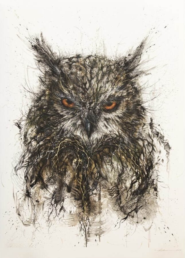 Hua Tunan's 'Night Luminescent Pearl': an owl with amber eyes rendered in splattered ink and fine trailing lines, on white.
