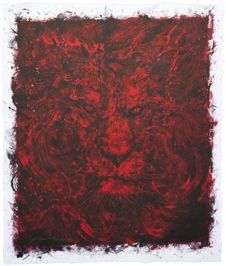 Hua Tunan's 'Fearless': a lion's face emerging from swirling red and black brushstrokes and splatter, on white.