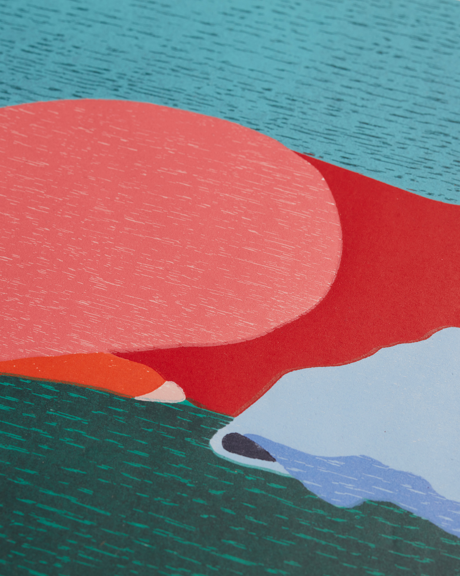 Detail of 'Afterglow' — a coral-pink form meeting deep red and pale blue against woodgrain-textured teal.
