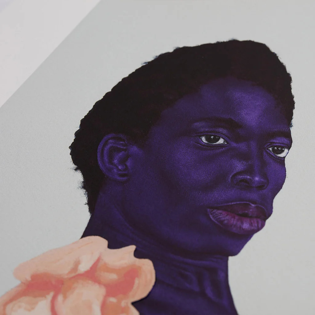 Detail of 'What We Wanted' — the reclining figure's face in close-up, deep purple skin against a pale grey ground.