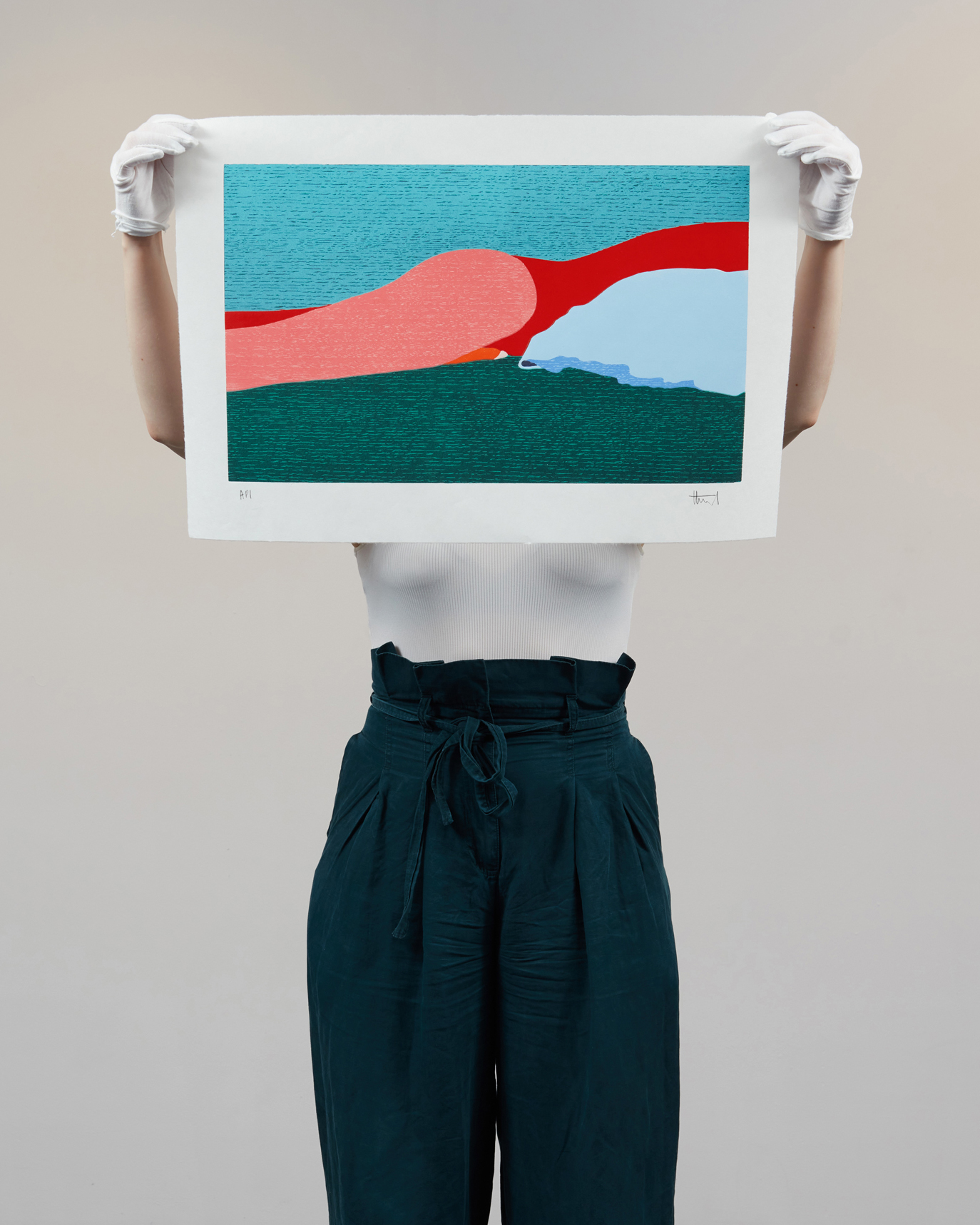 Helen Beard's 'Afterglow': interlocking fields of pink, red, teal and blue that abstract two entwined figures into colour.