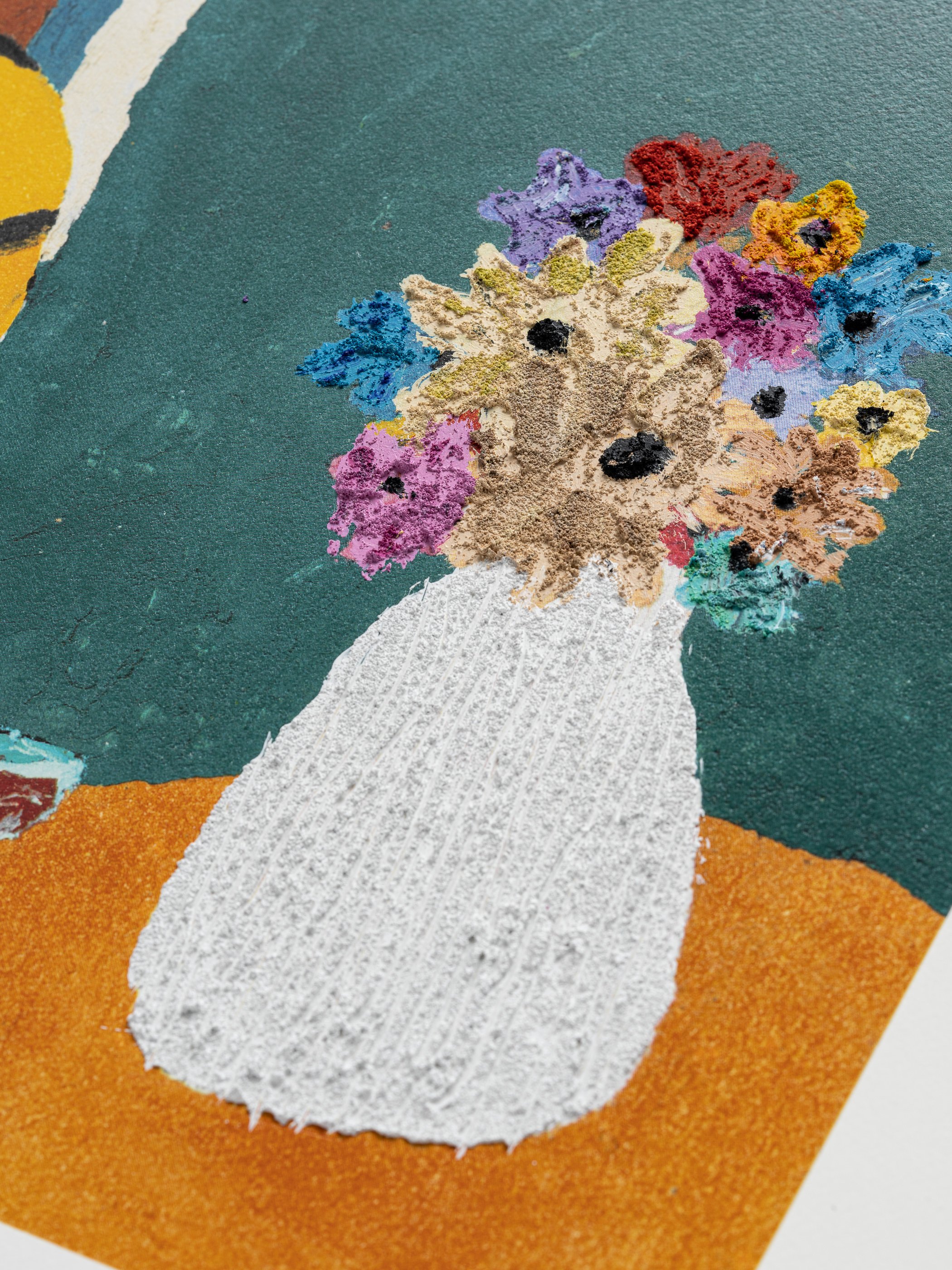 Detail of 'Holding onto Faith': a vase of flowers built up in thick textured acrylic mixed with sand and soil on the paper.