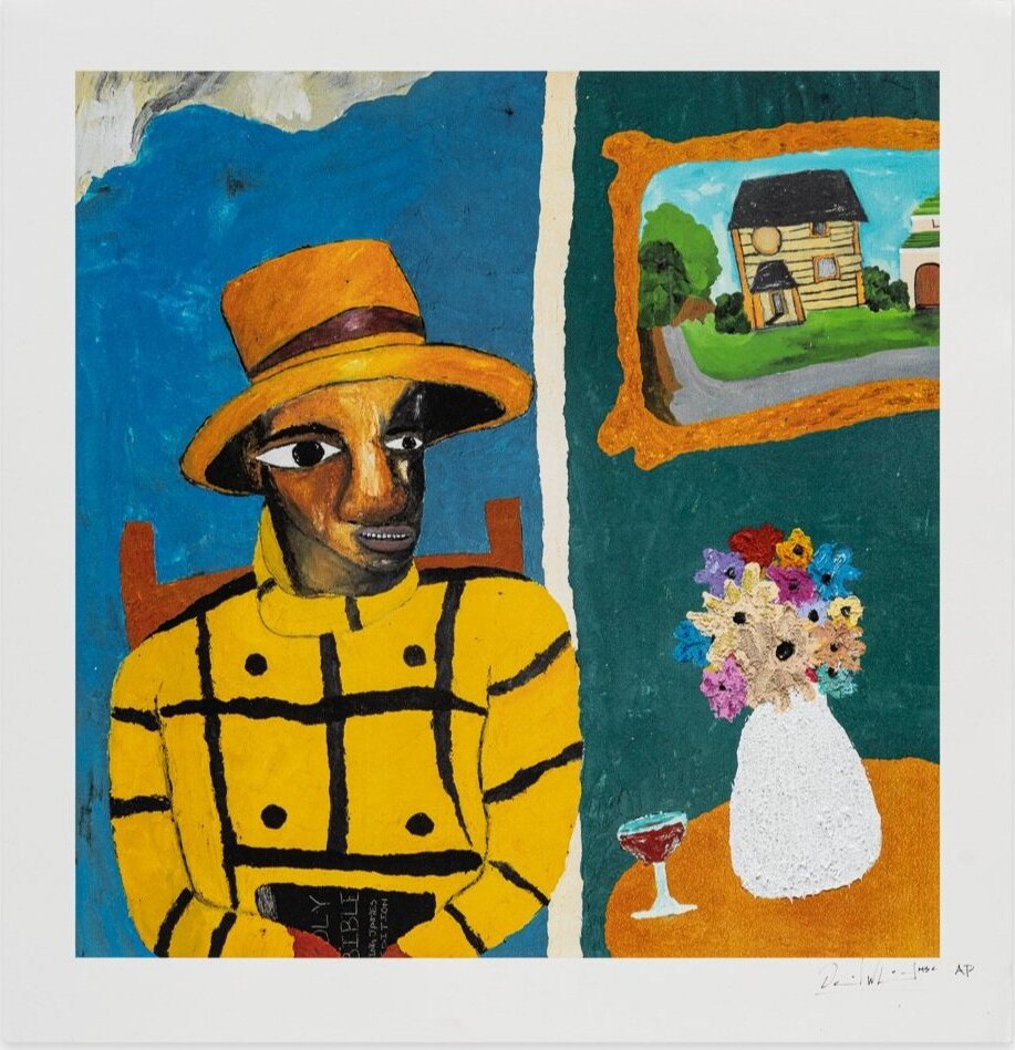 Mr. StarCity's 'Holding onto Faith': a seated man in a yellow checked top and hat holding a Bible, beside a framed house and flowers.