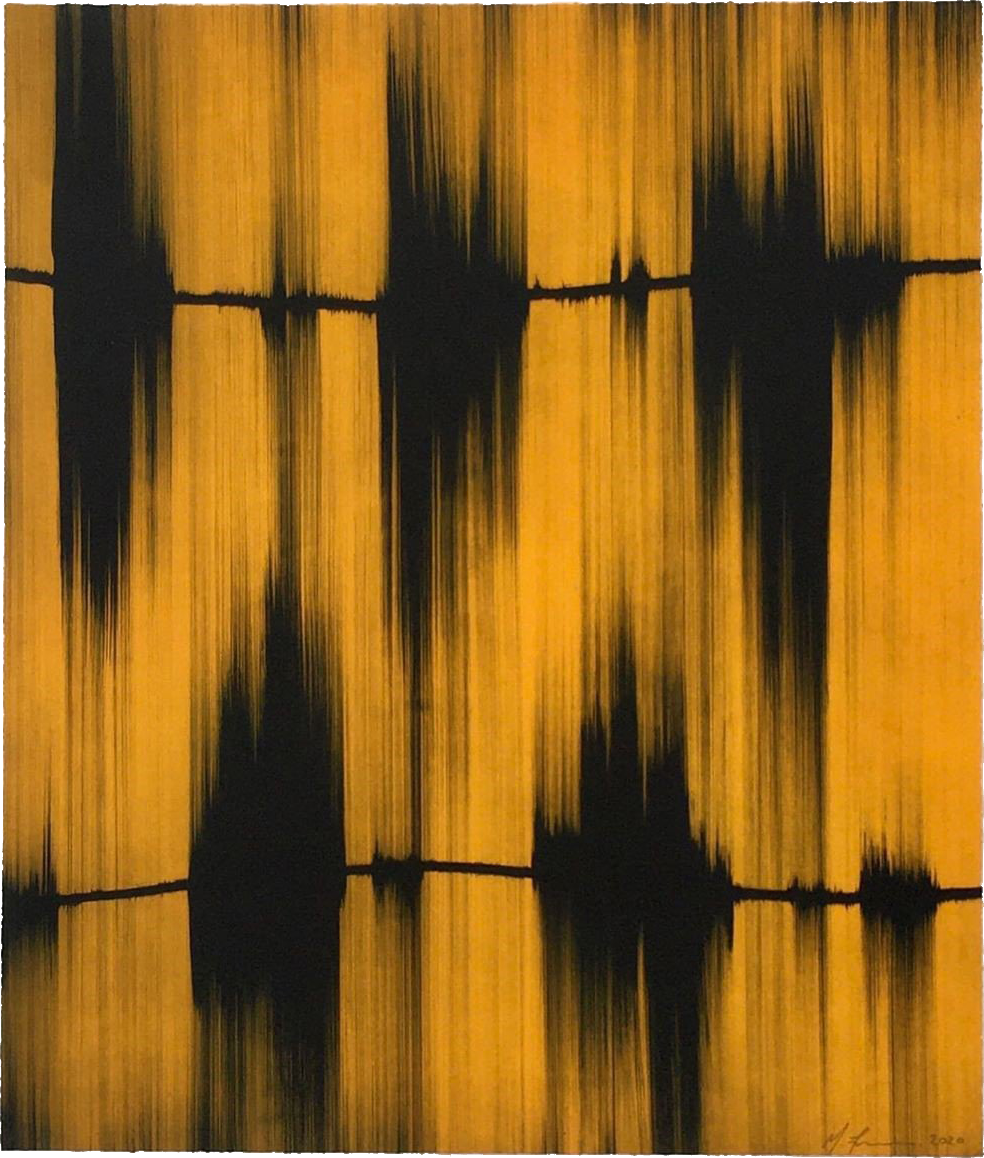 Mark Francis's 'Echo 3': vertical black streaks bleeding like a soundwave across a golden-amber ground, crossed by faint lines.