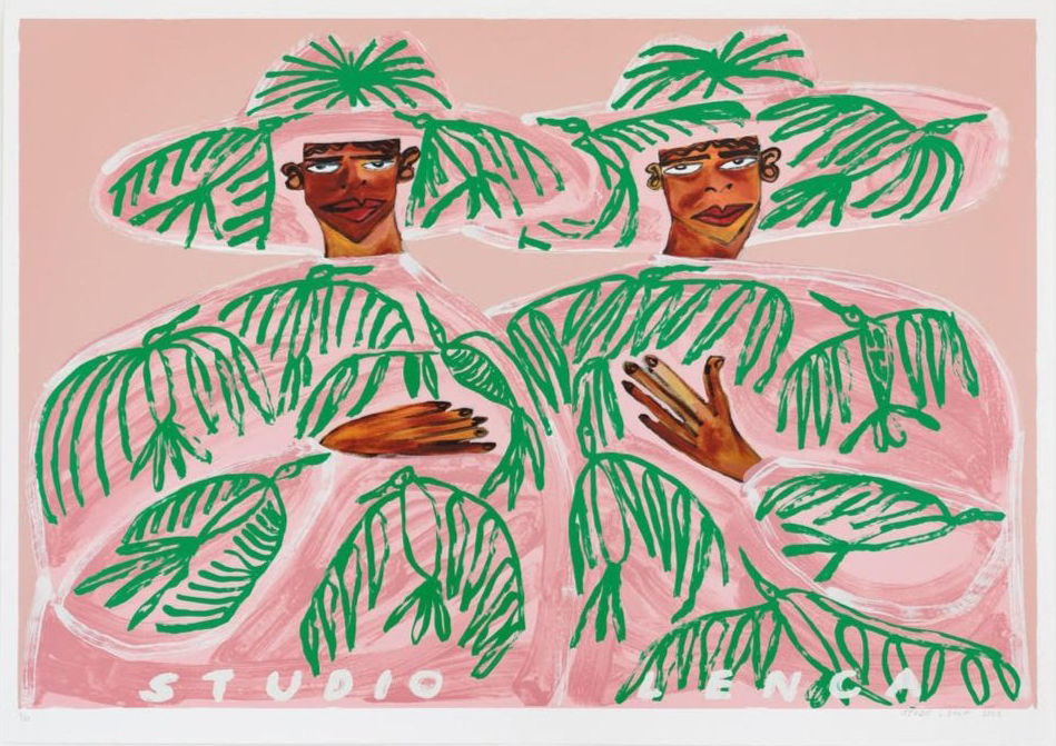 Studio Lenca's 'Lora': two brown-skinned figures in wide palm-frond hats and matching leaf-patterned dresses on a pink ground.