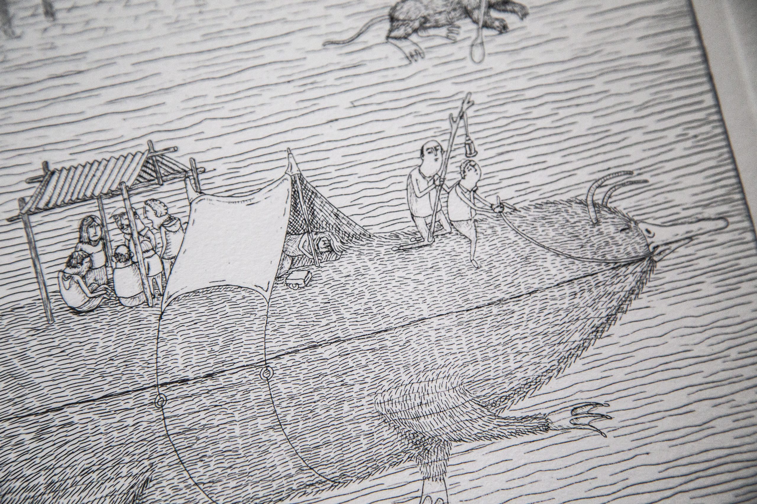 Detail of 'Migration' — figures sheltering under a canopy on a huge beast's back while others steer it across the plain.