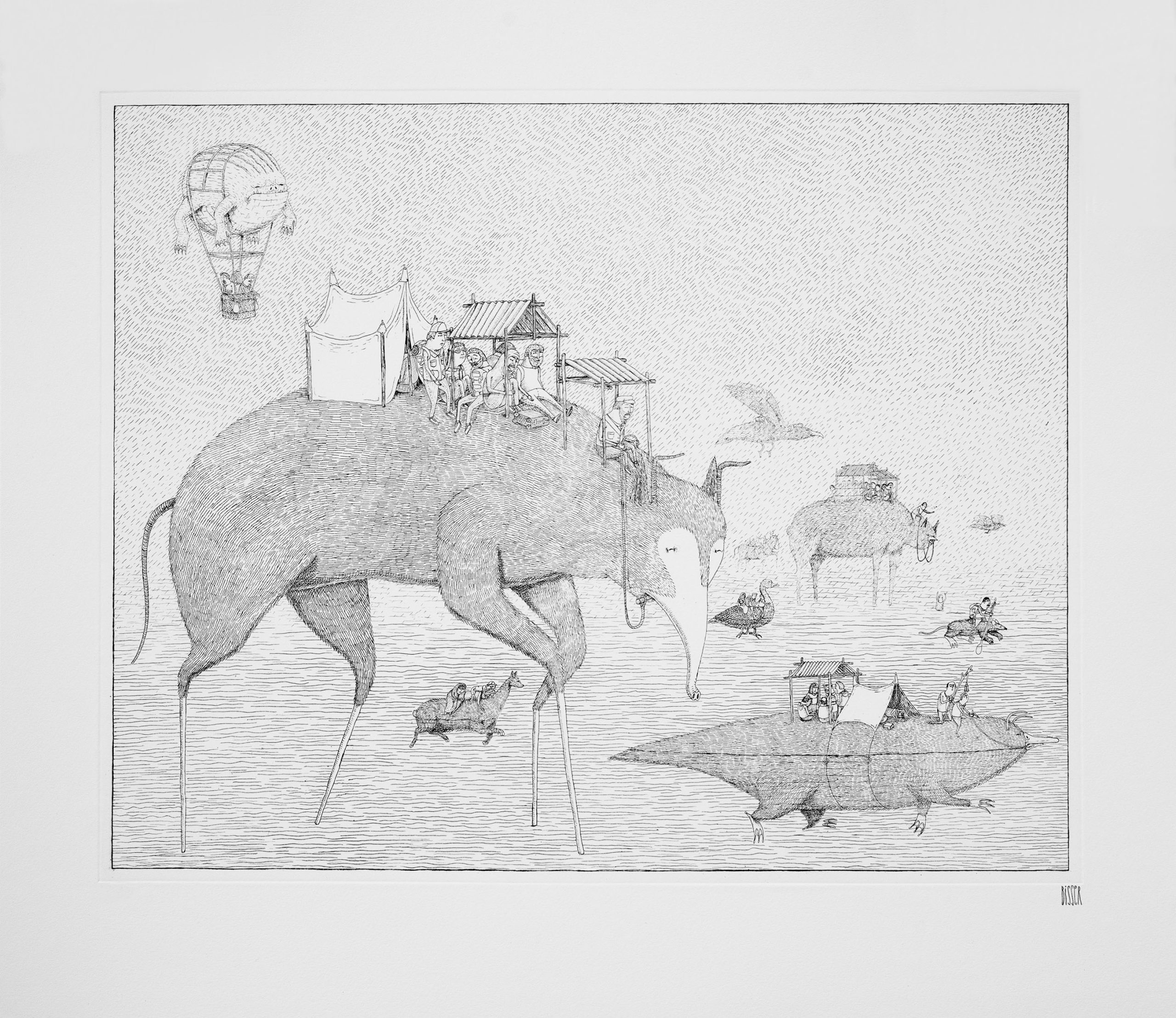 Bisser's 'Migration': a fine-line ink scene of people camped on the backs of giant beasts crossing a vast plain, with a creature balloon.