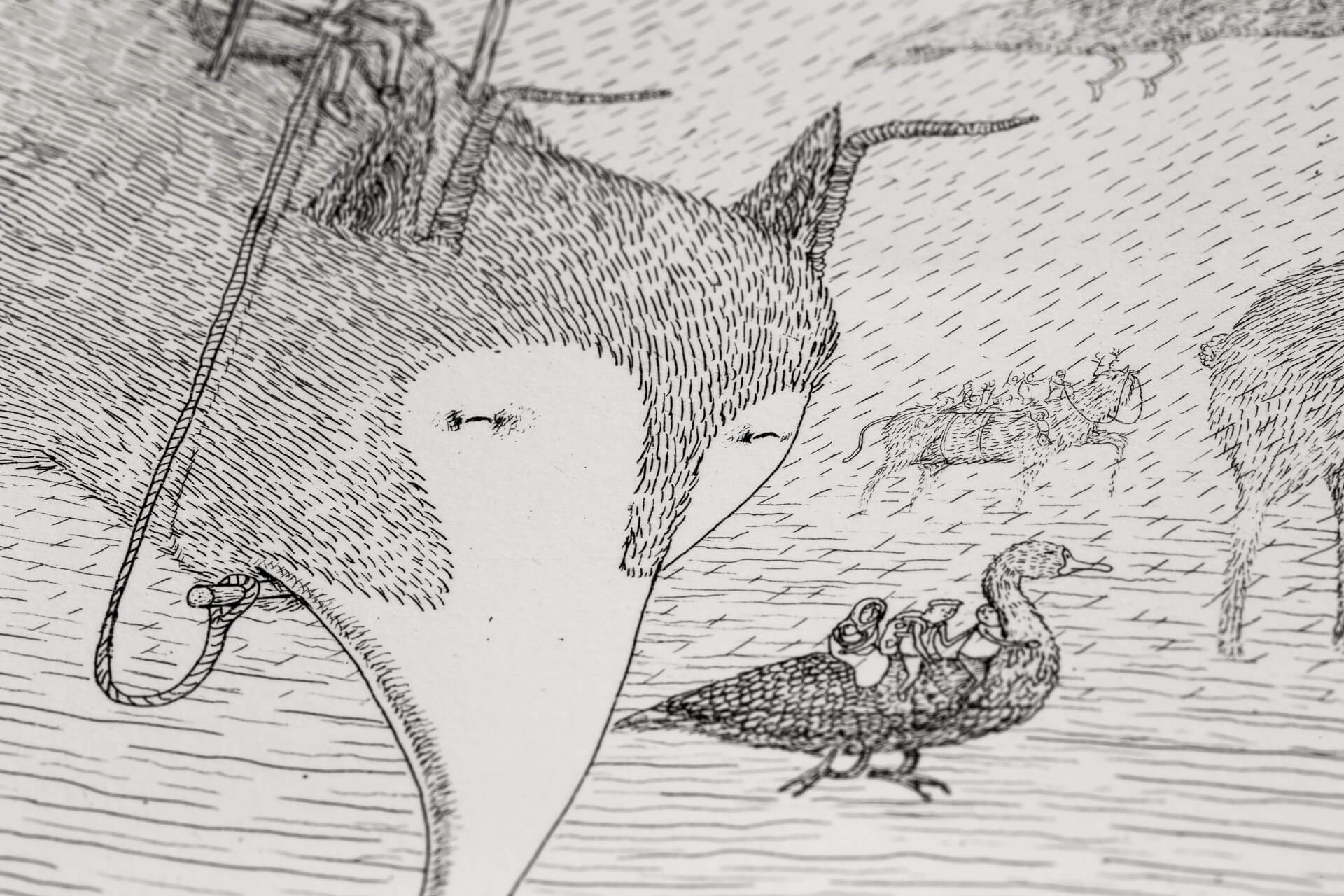 Detail of 'Migration' — a large white-faced beast with a hooked snout, a small duck carrying riders beside it.