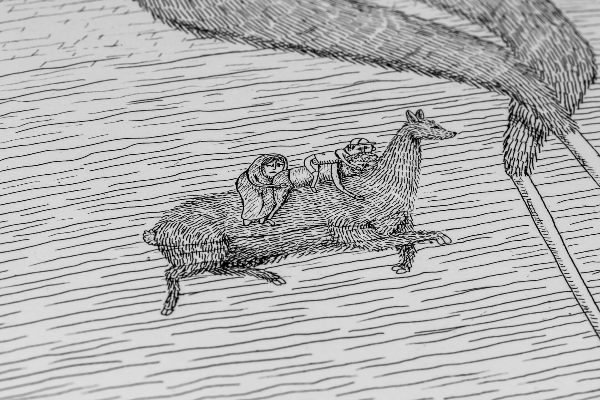 Detail of 'Migration' — two small hooded figures riding on the back of a slender long-necked animal.