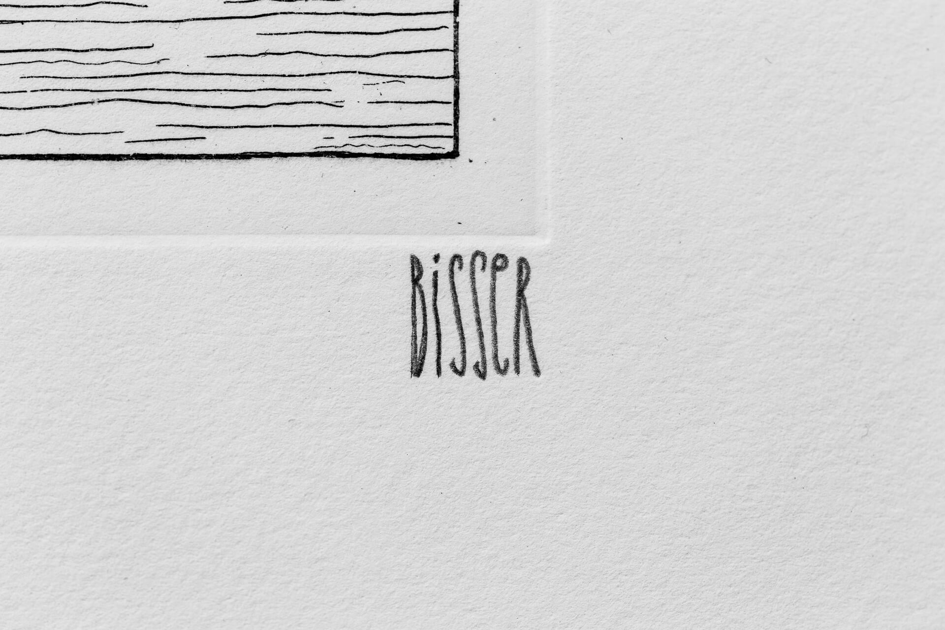 Detail of the printed 'Migration' plate mark and Bisser's hand-lettered signature in the margin.