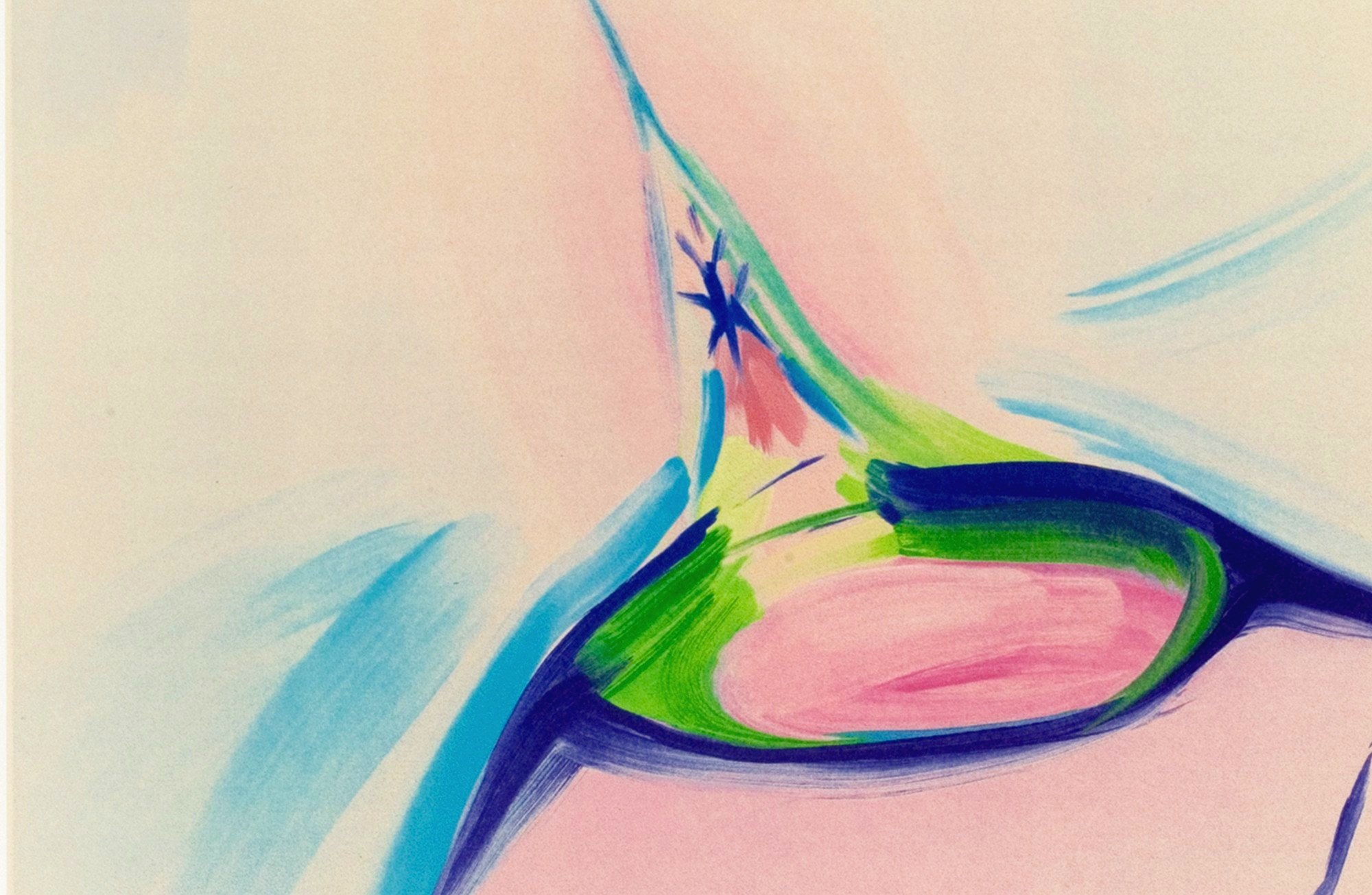 Celia Hempton's 'Colby': a loose, painterly abstract in blue, green and pink brushstrokes over a soft peach and rose ground.