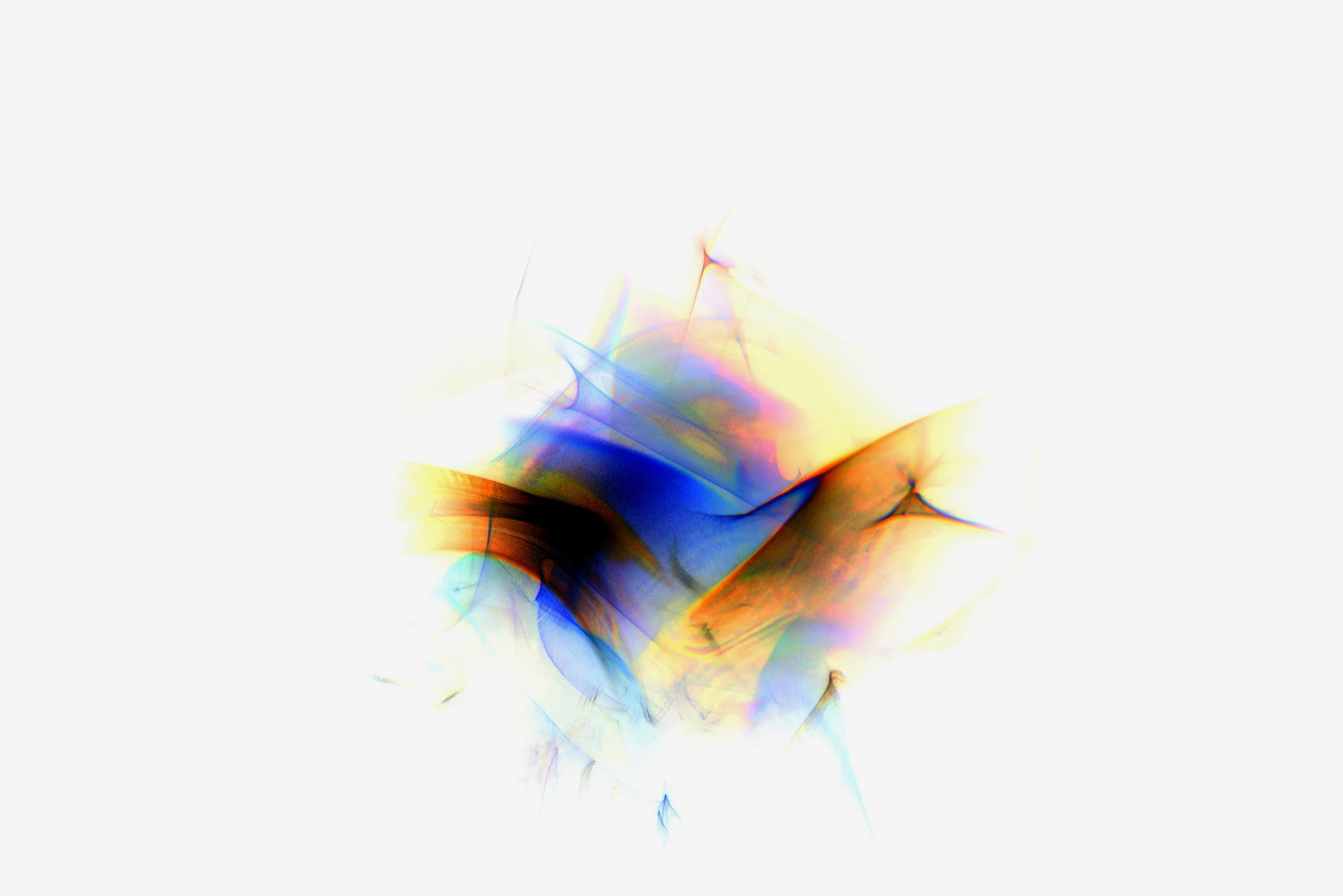 Flavie Audi's 'Fluid Light 1': a luminous burst of blue, orange and yellow light-forms with dark folds, on white.