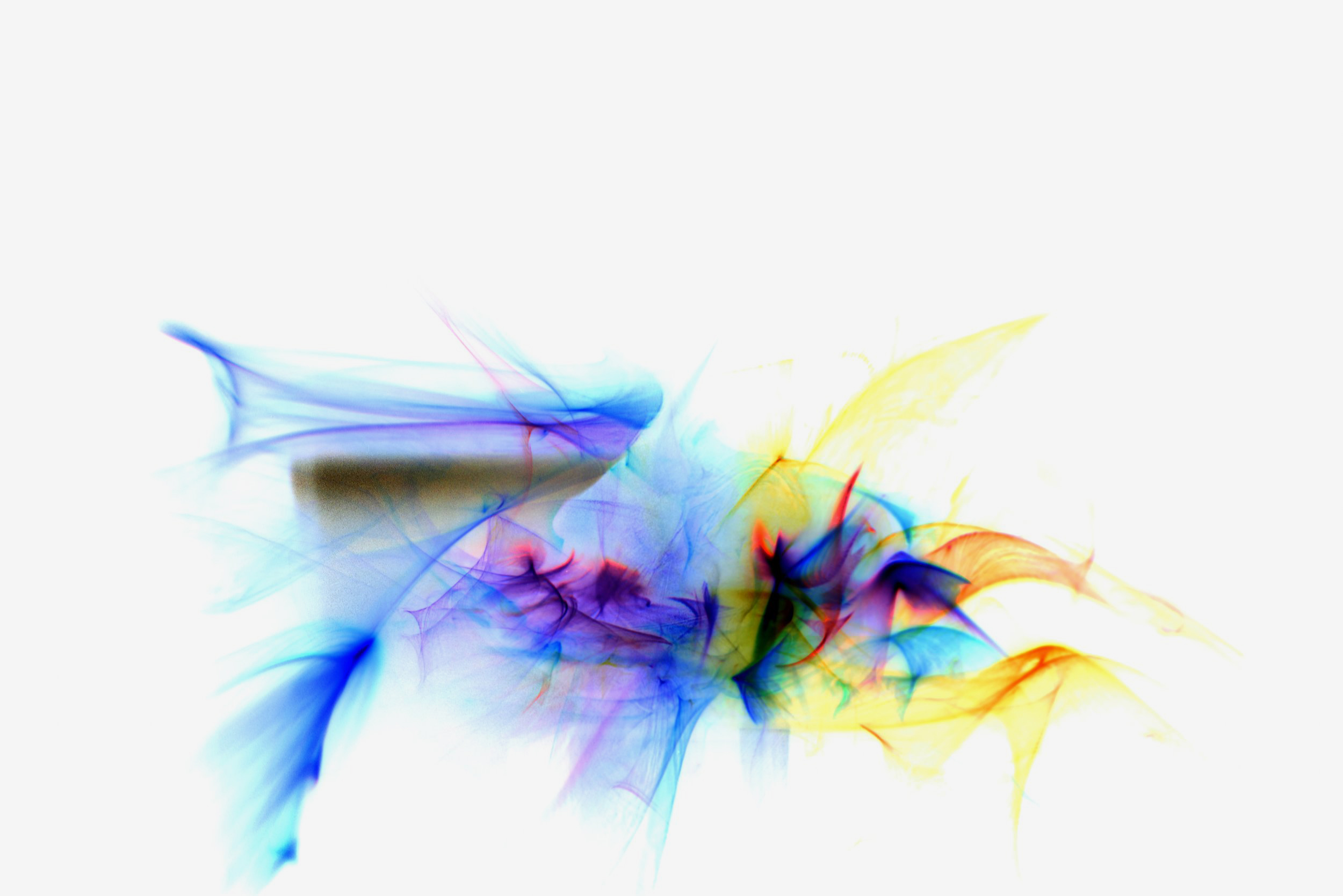 Flavie Audi's 'Fluid Light 3': a winged spread of translucent blue and yellow with red flecks, like smoke on white.
