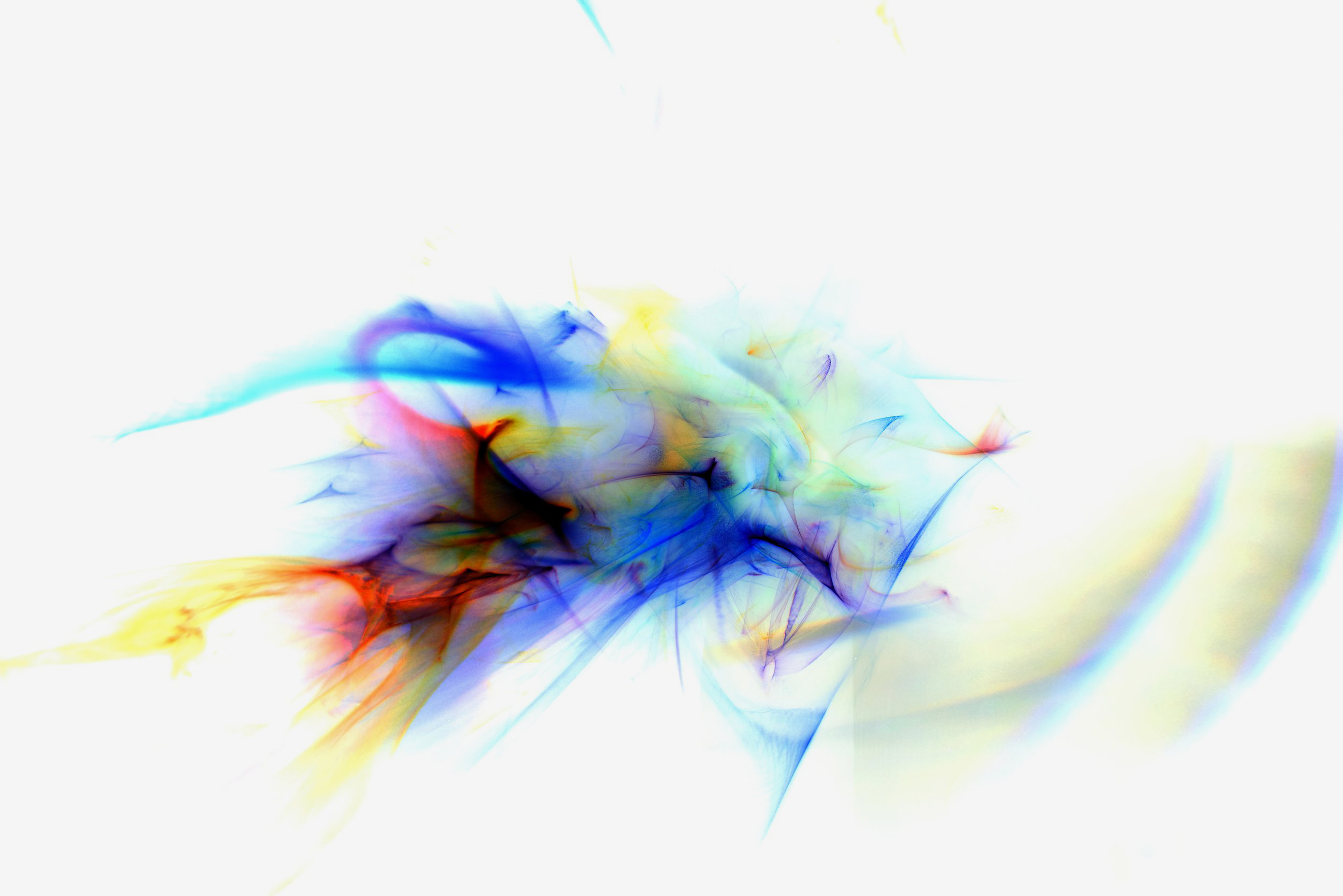 Flavie Audi's 'Fluid Light 5': a horizontal drift of blue, yellow and red wisps trailing across a white field.