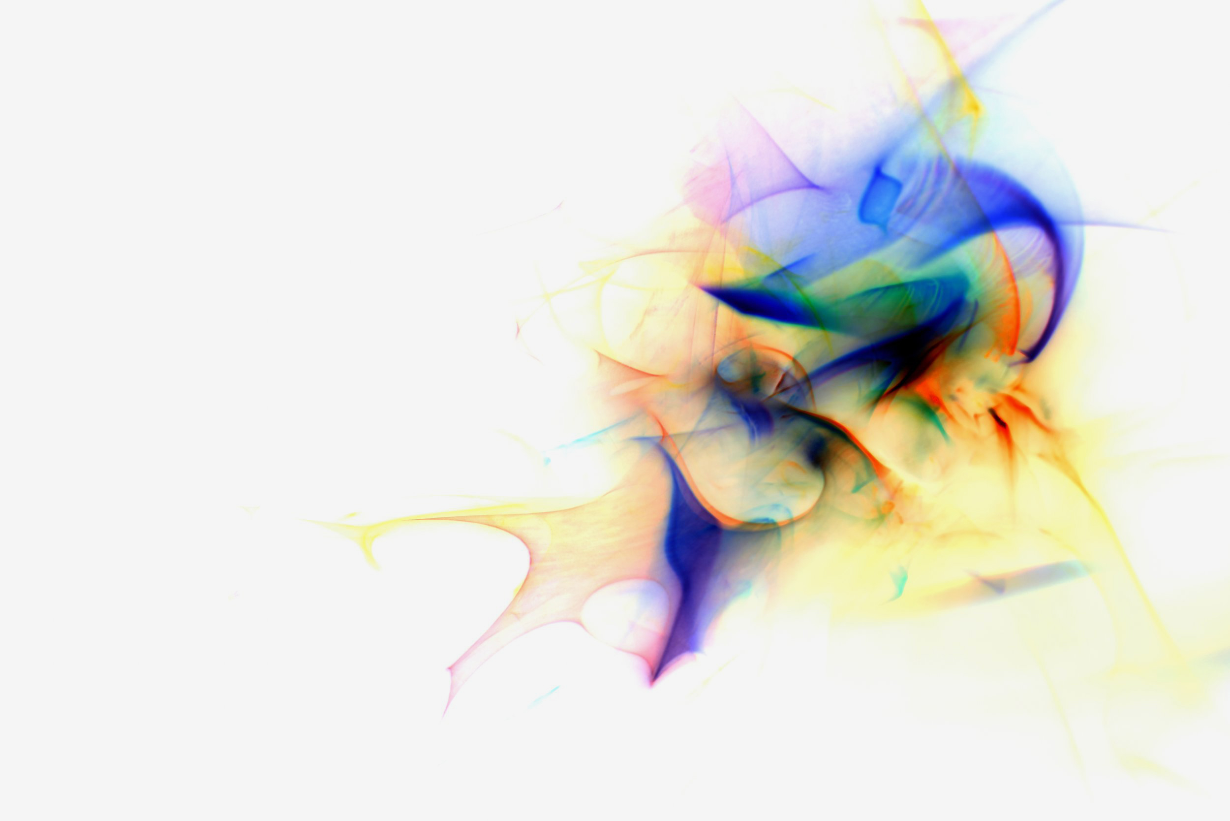 Flavie Audi's 'Fluid Light 8': soft translucent blooms of blue, yellow and orange with tendrils, on white.