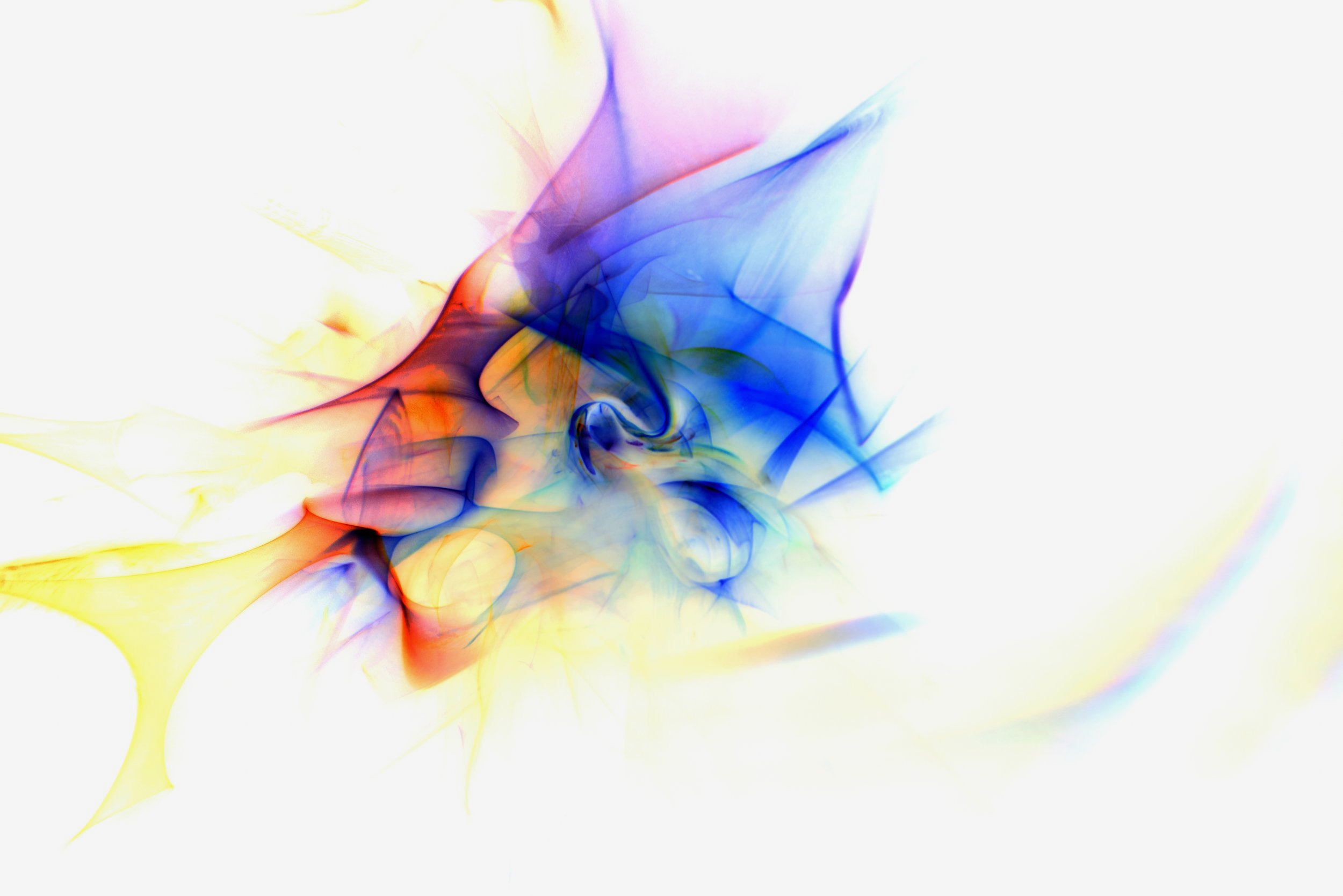 Flavie Audi's 'Fluid Light 9': a spiralling swirl of blue and yellow with red accents at its heart, on white.