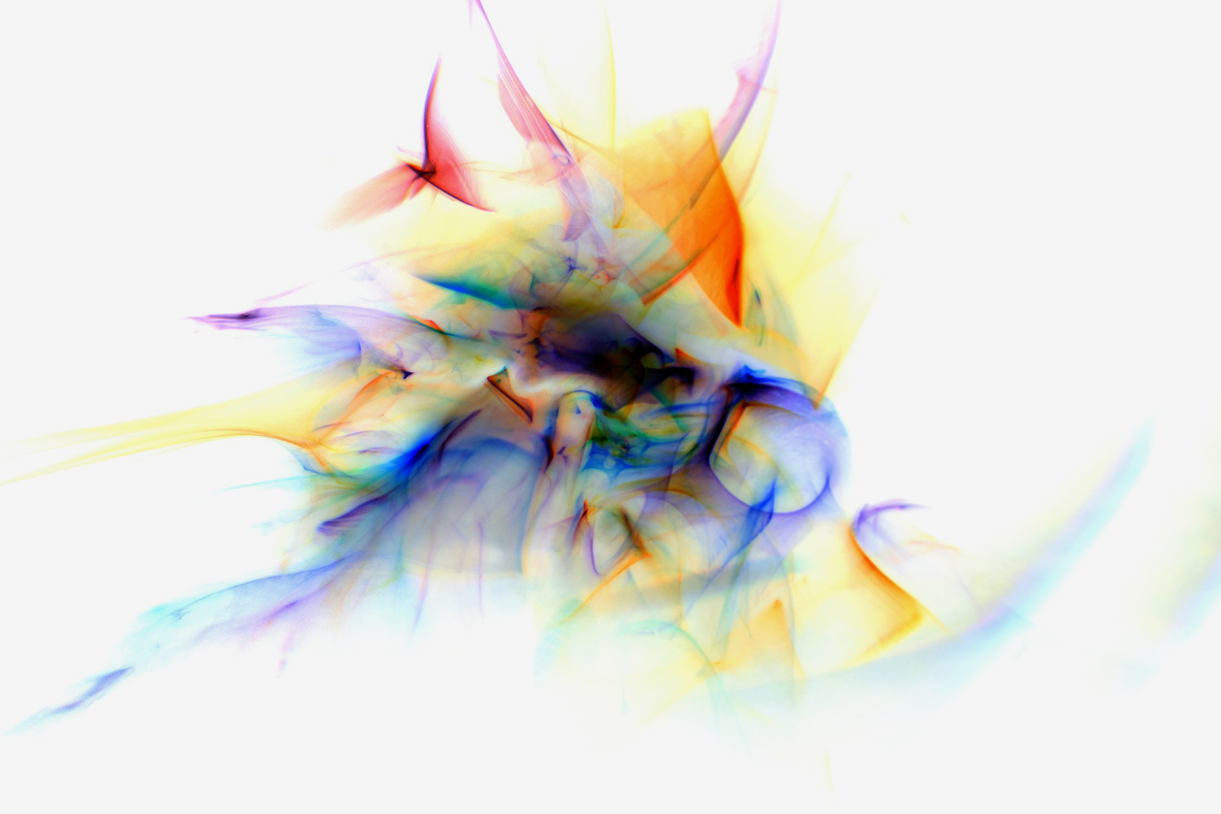 Flavie Audi's 'Fluid Light 11': a dense flare of yellow, blue and red with a sweeping arc below, on white.