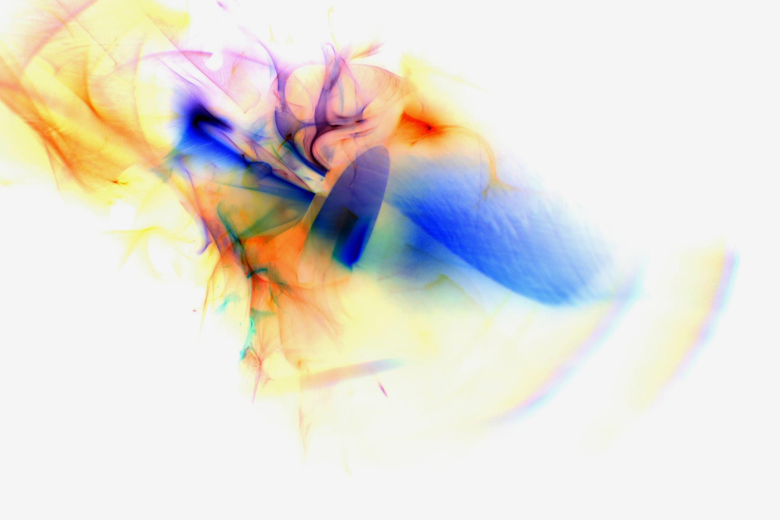 Flavie Audi's 'Fluid Light 12': a bold blue paddle-shape amid orange and yellow veils with a faint arc, on white.