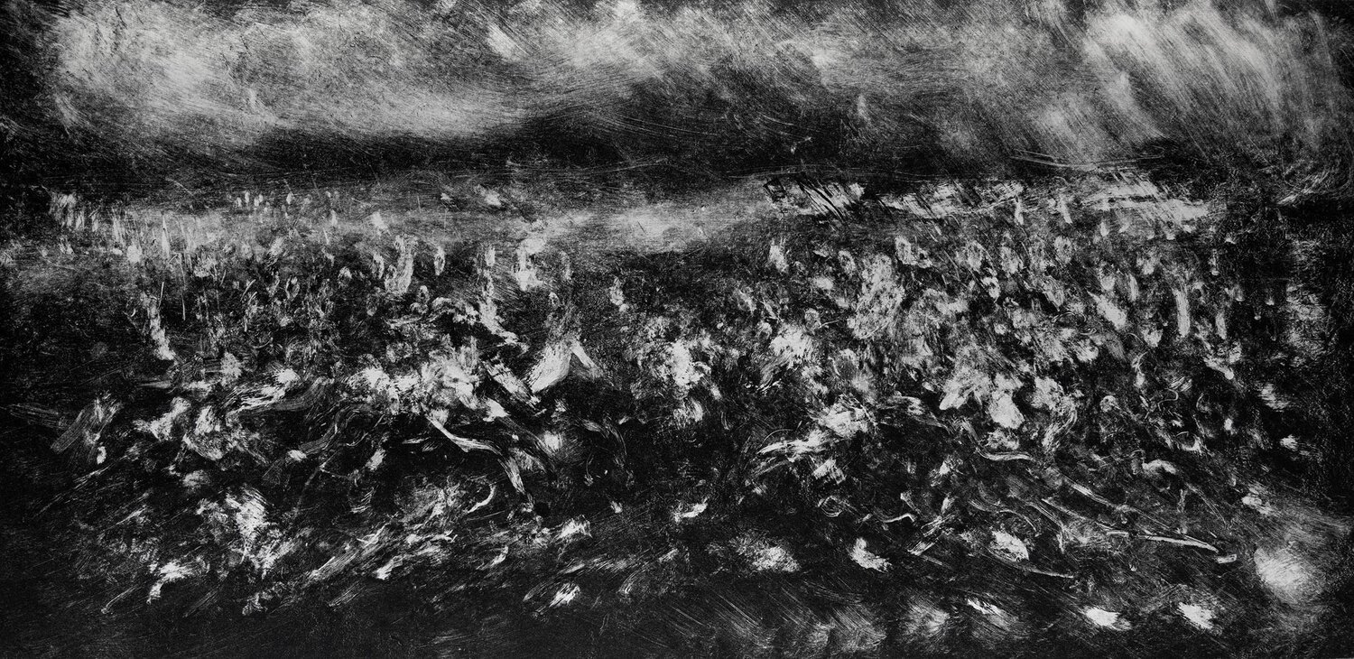 Graham Fink's 'Pareidolian Army 1': a dense white-on-black field of gestural marks massing like a crowd under a pale sky.