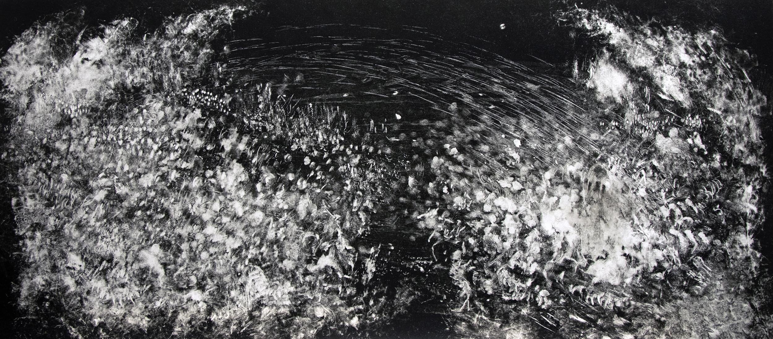 Graham Fink's 'Pareidolian Army 2': a swirling black-and-white expanse of speckled marks arcing across the sheet.