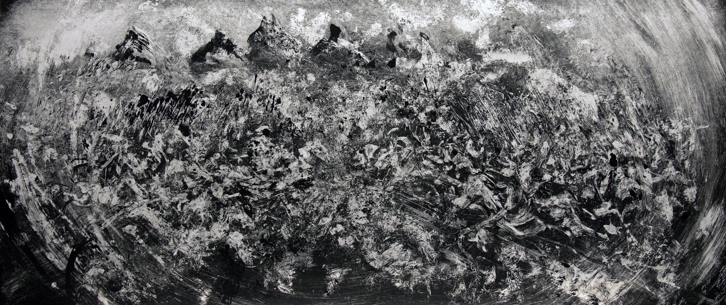 Graham Fink's 'Pareidolian Army 3': pale peaks rising over a churning field of white marks on grey, like a distant range.