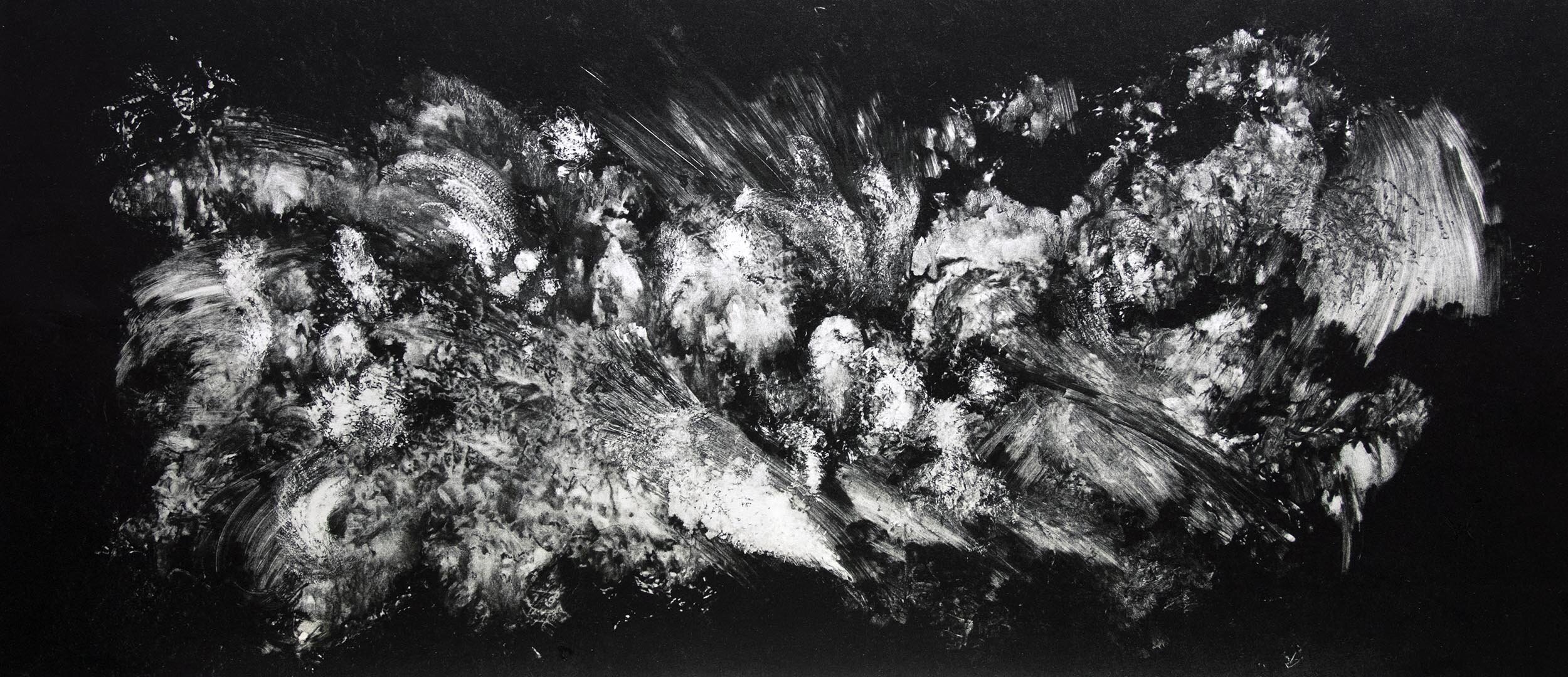 Graham Fink's 'Pareidolian Army 4': sweeping white brushstrokes and spray breaking like surf across deep black.