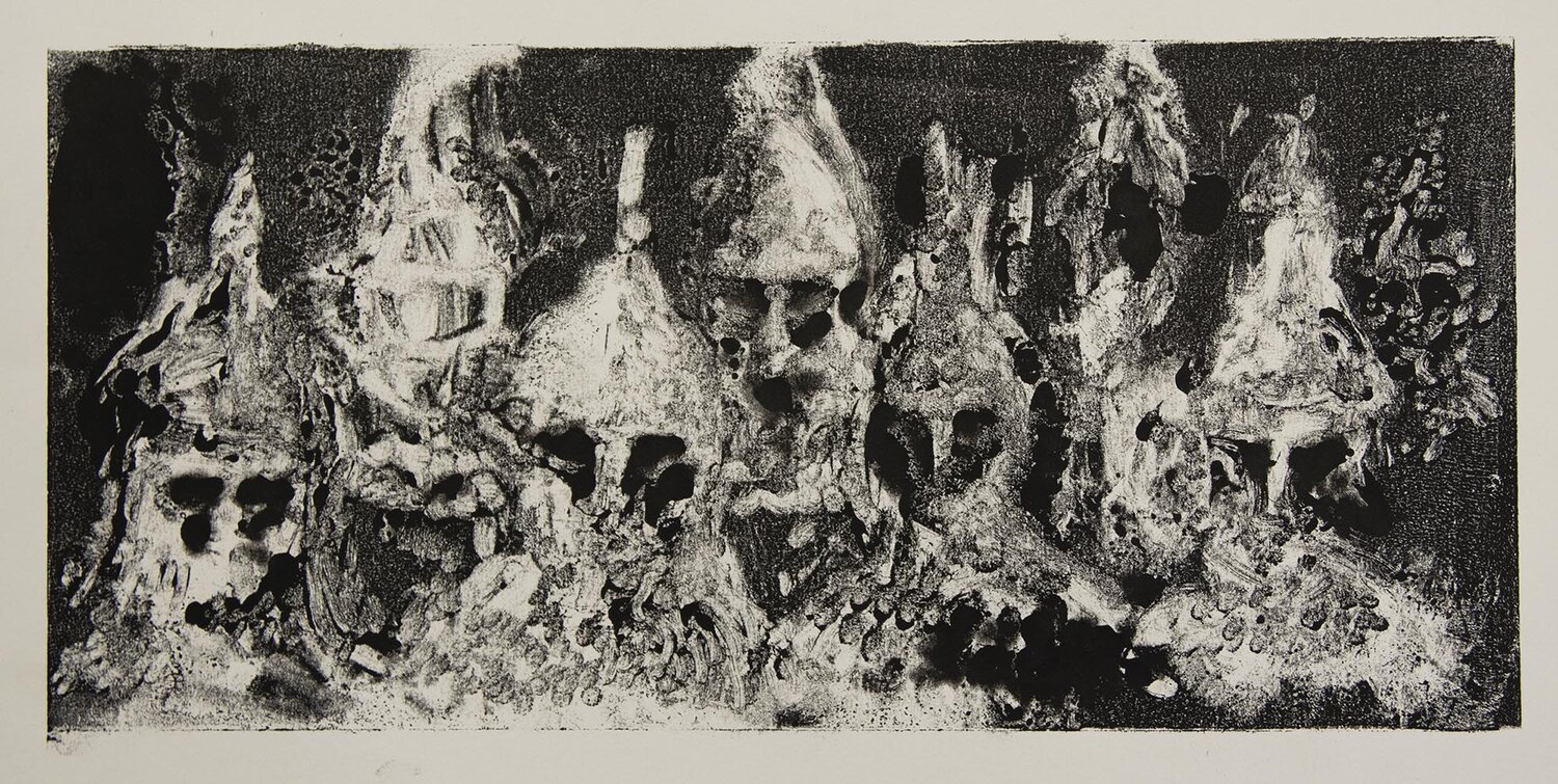 Graham Fink's 'Pareidolian Army 6': a row of totem-like white shapes with dark hollows reading as faces, on cream.