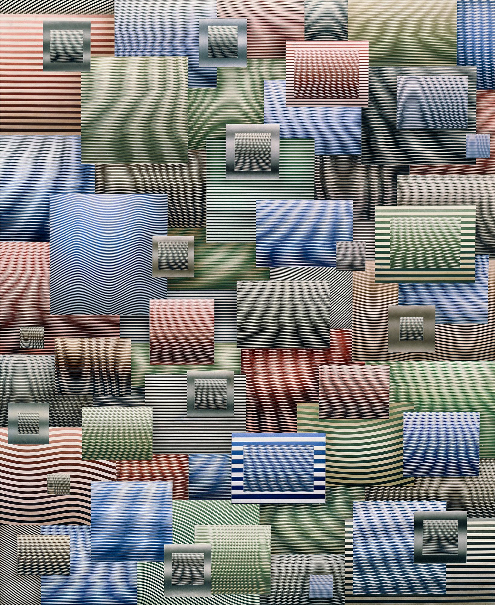 Joe La Placa's 'The Book of Hours': a dense grid of overlapping striped rectangles in red, green, blue and grey forming rippling Moiré patterns.