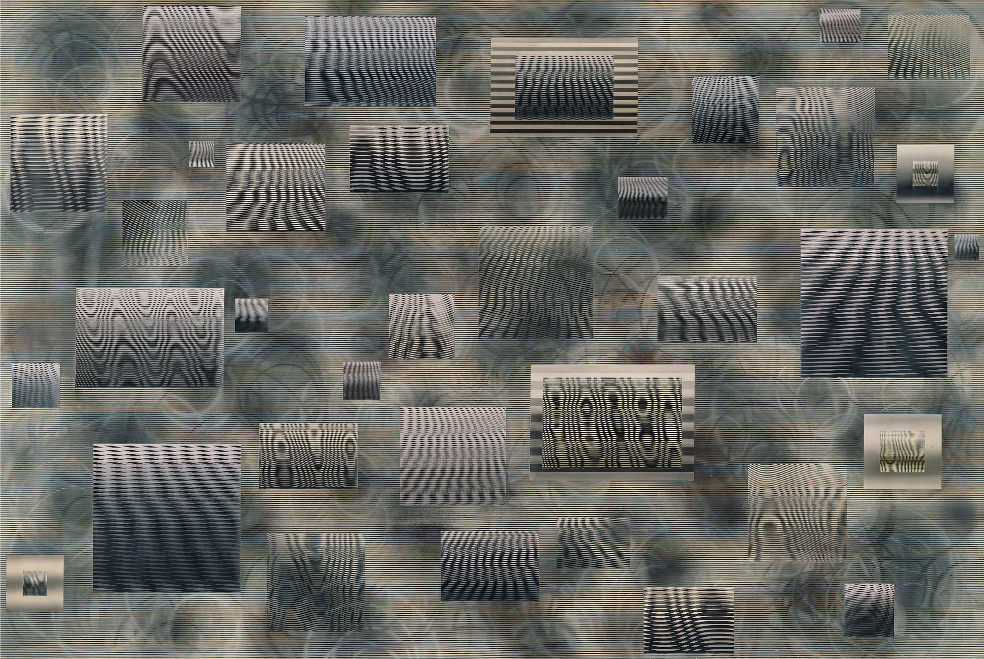 Joe La Placa's 'Suspension': striped rectangular panels of varying size floating over a soft grey ground, shimmering into Moiré.