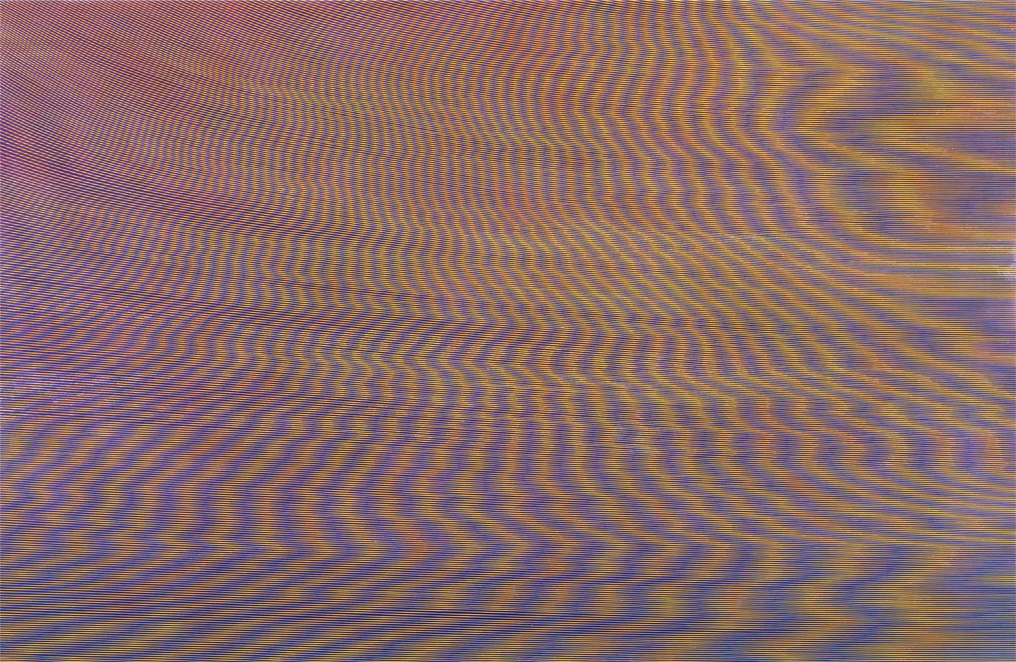 Joe La Placa's 'Dune': flowing diagonal bands of fine purple and gold striping rippling like wind-blown sand into Moiré.