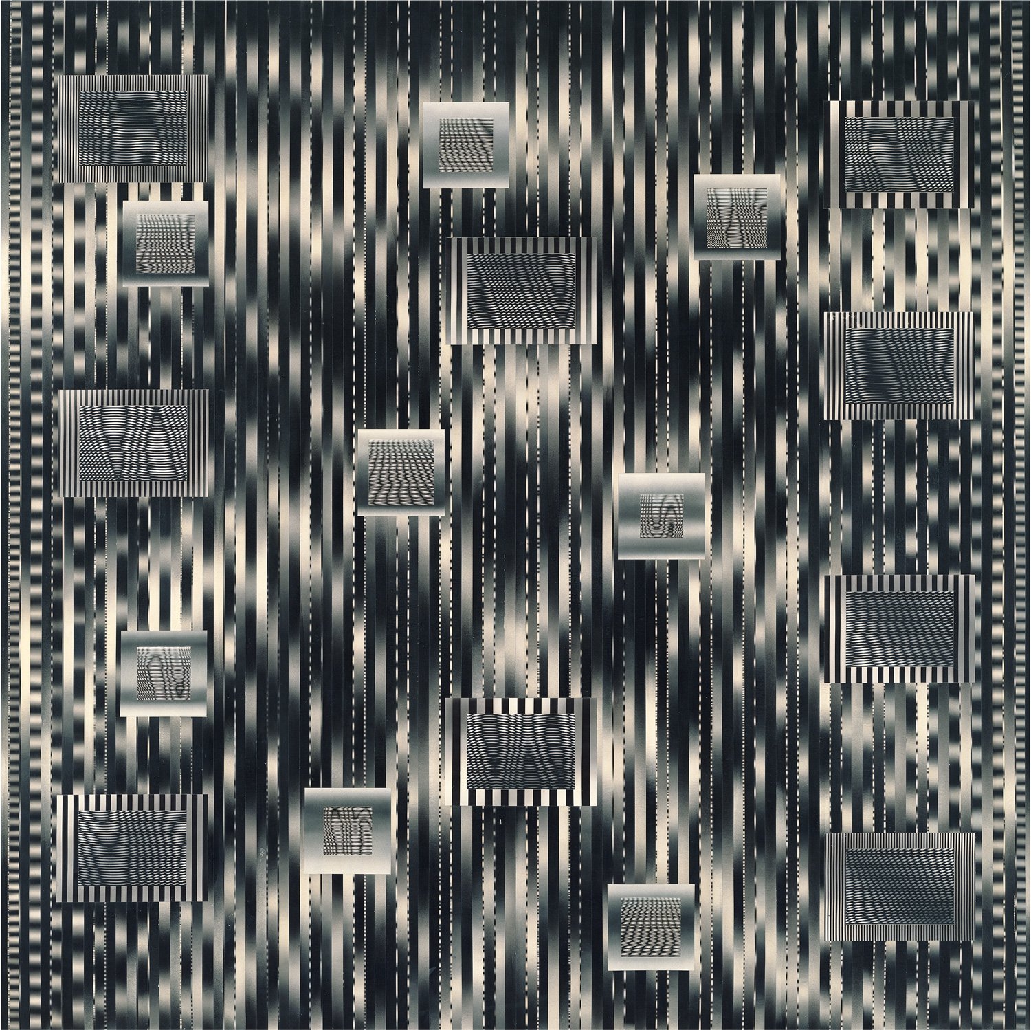 Joe La Placa, Diffraction: rectangular Moiré panels scattered across a monochrome field of fine vertical vinyl-groove lines.