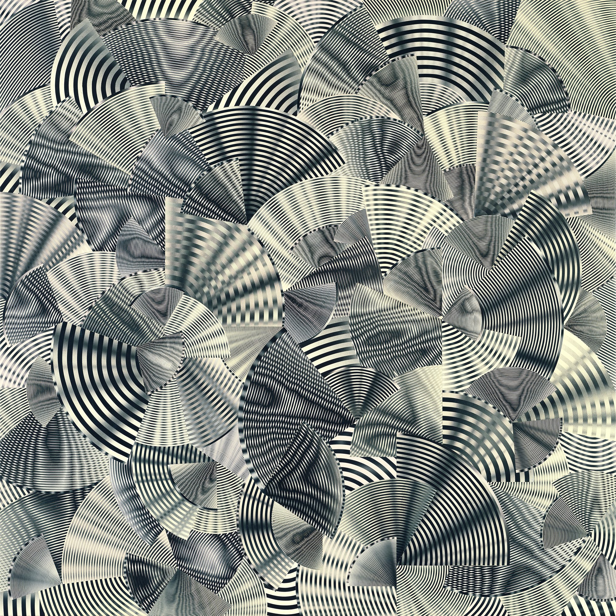 Joe La Placa, Stylus: overlapping monochrome fans of concentric arcs layered into a dense, shimmering Moiré pattern.