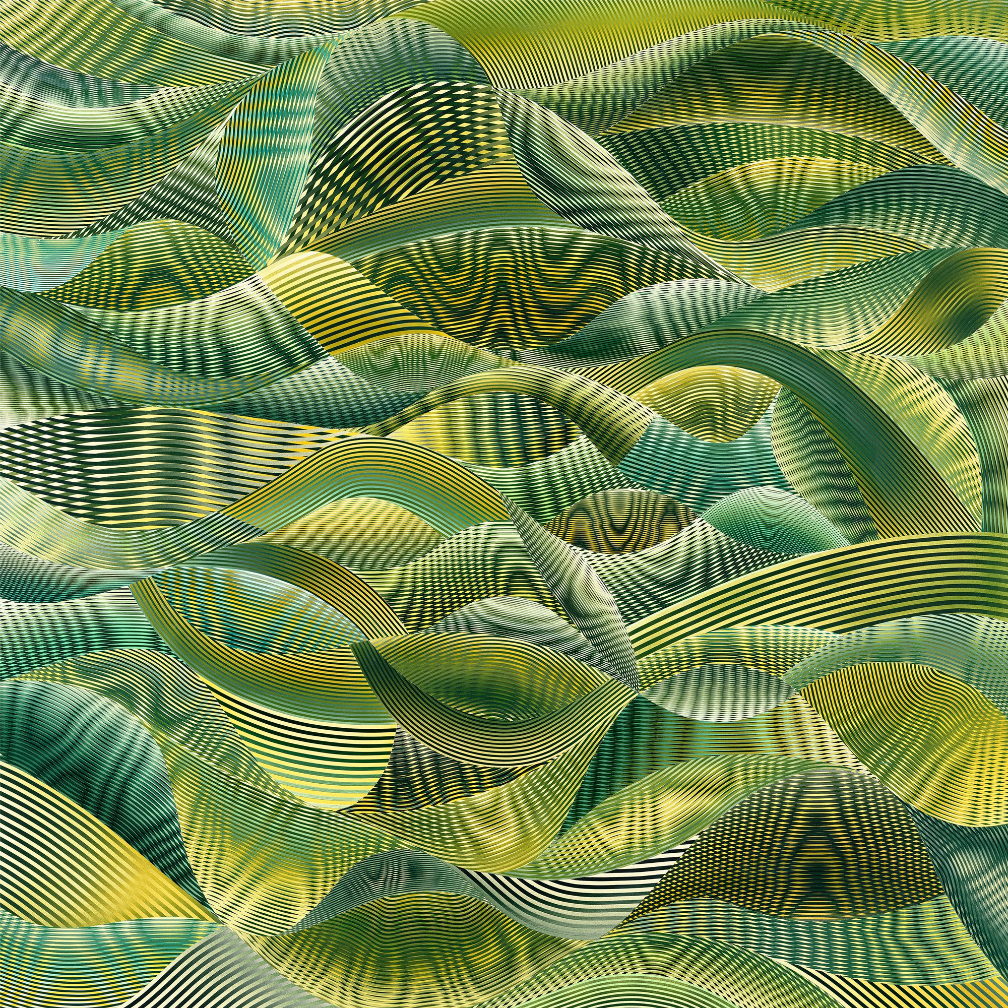 Joe La Placa, Xylem: undulating green and yellow ribbons of fine parallel lines forming a flowing, plant-like Moiré.