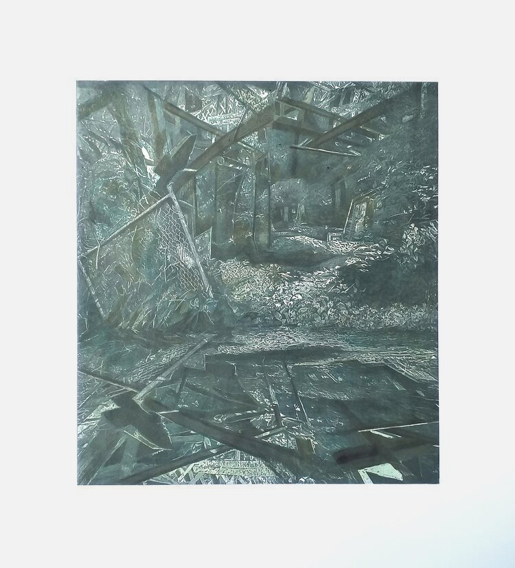 Juliette Losq, Reverie: a dark, tangled scene of broken timber, chain-link fencing and overgrowth around a shadowy recess.
