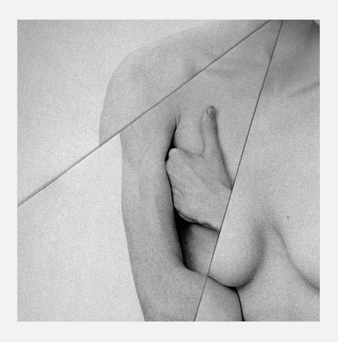 K Young, They: a grainy monochrome nude, torso and hand fractured into overlapping planes by clean diagonal cuts.
