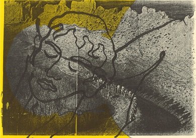 Lukas Duwenhögger, Rest On Flight: a reclining face in loose black line, eyes closed, over mottled grey and acid yellow.
