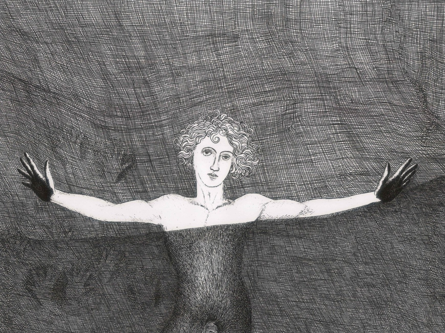 Mark Alexander, The Charcoal Dreamer (detail): pale face and outstretched arms with black hands over dense cross-hatching.