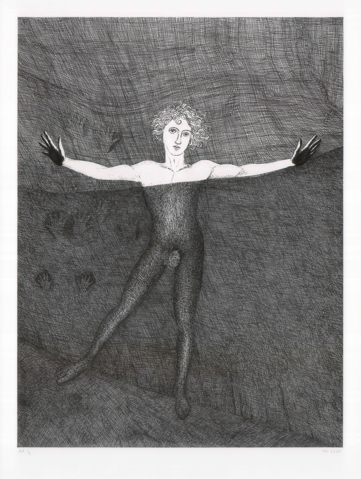 Mark Alexander, The Charcoal Dreamer: a classical nude, arms outstretched, half pale and half charcoal-black in a dark cavern.