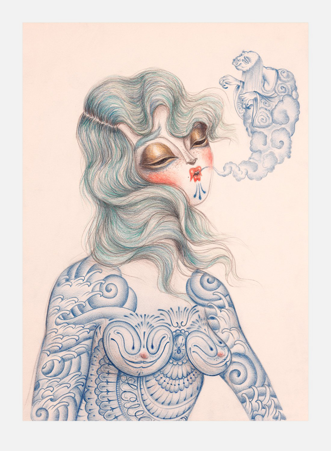 Miss Van & Ramon Maiden, Indigo Muse I: a mint-haired doll-faced woman, torso tattooed in blue, exhaling a smoke cloud.