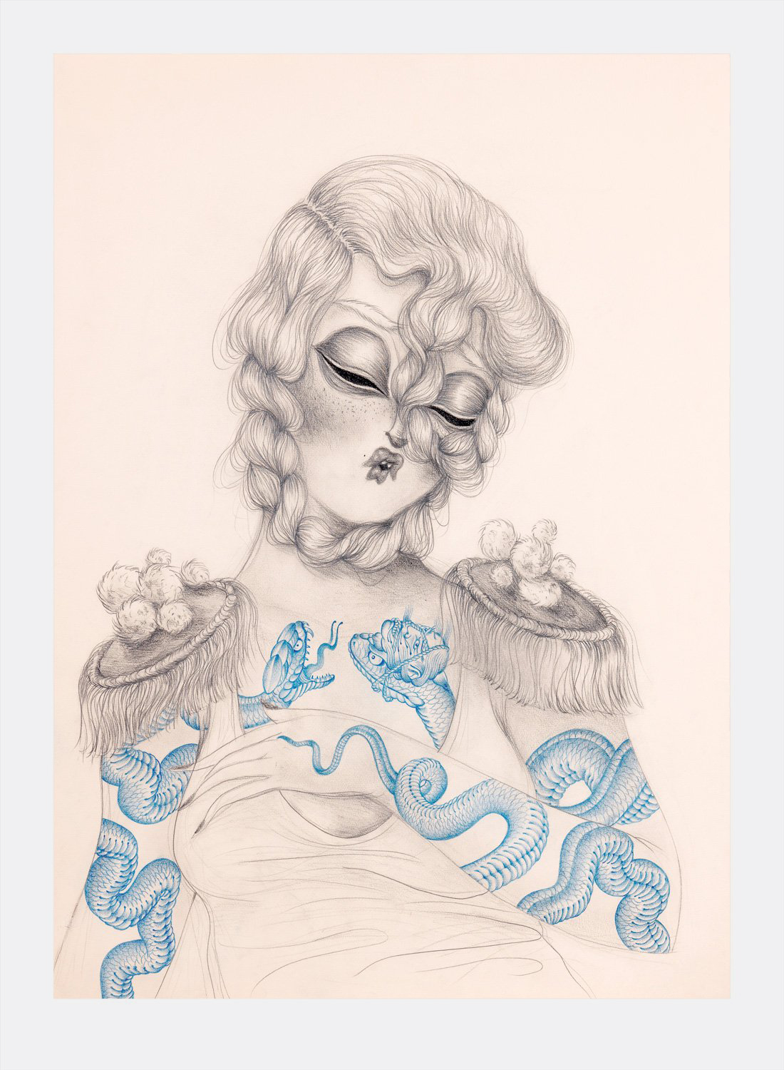 Miss Van & Ramon Maiden, Indigo Muse III: a doll-faced woman with fringed shoulders and blue snake tattoos winding up her arms.