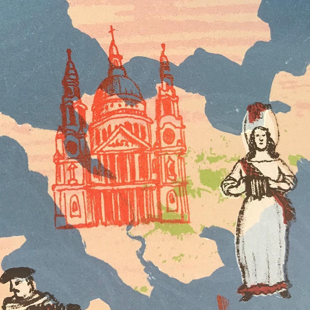 Mychael Barratt, The Silk Road (detail): St Paul's Cathedral in red beside a woman playing an accordion.