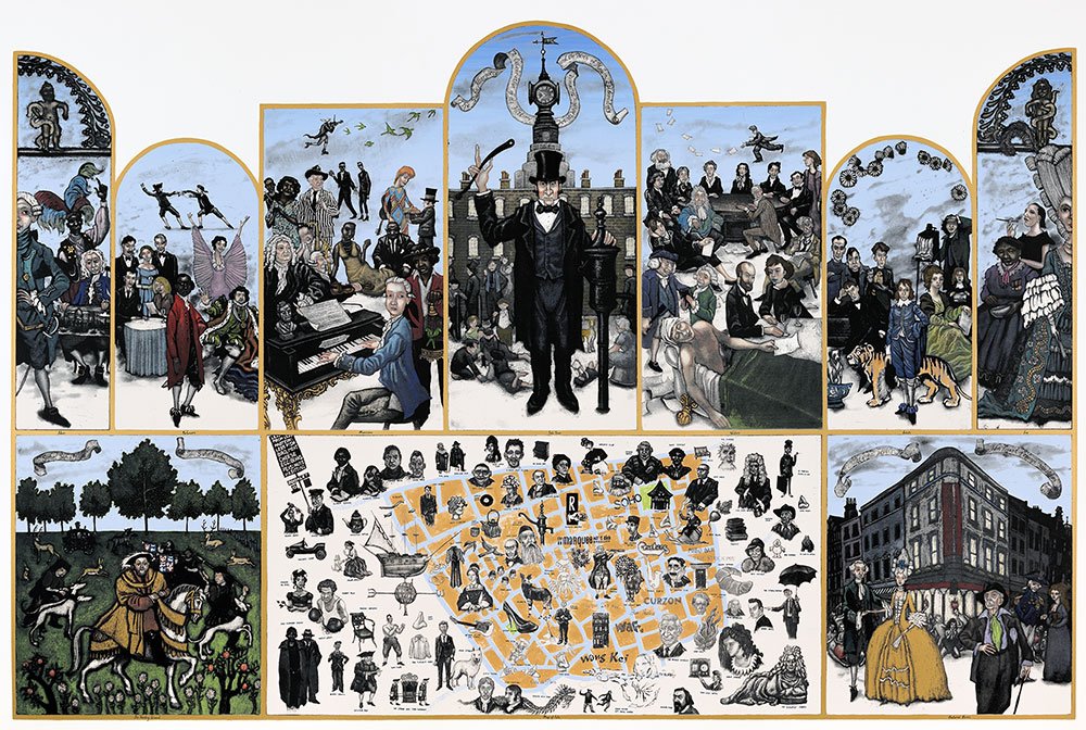 Mychael Barratt, Soho Altarpiece: a multi-panel altarpiece crowded with Soho characters around a central street map.