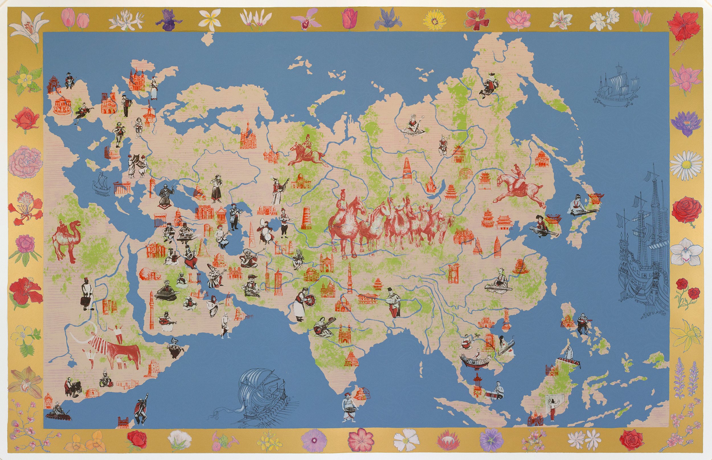 Mychael Barratt, The Silk Road: a pictorial map of Europe and Asia scattered with musicians, monuments, camels and ships.