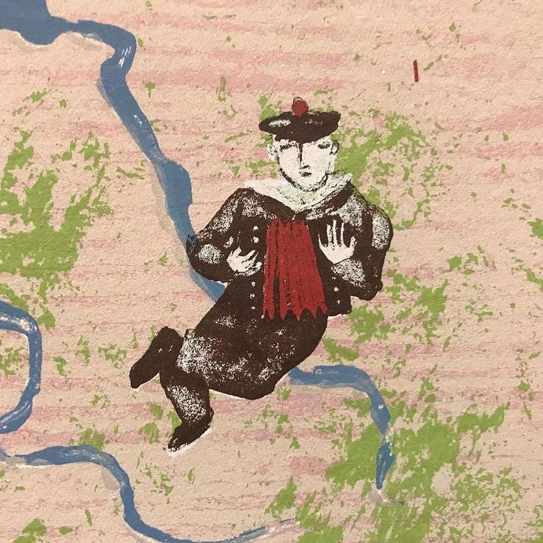 Mychael Barratt, The Silk Road (detail): a figure in black with a red sash reclining across a river bend on the map.