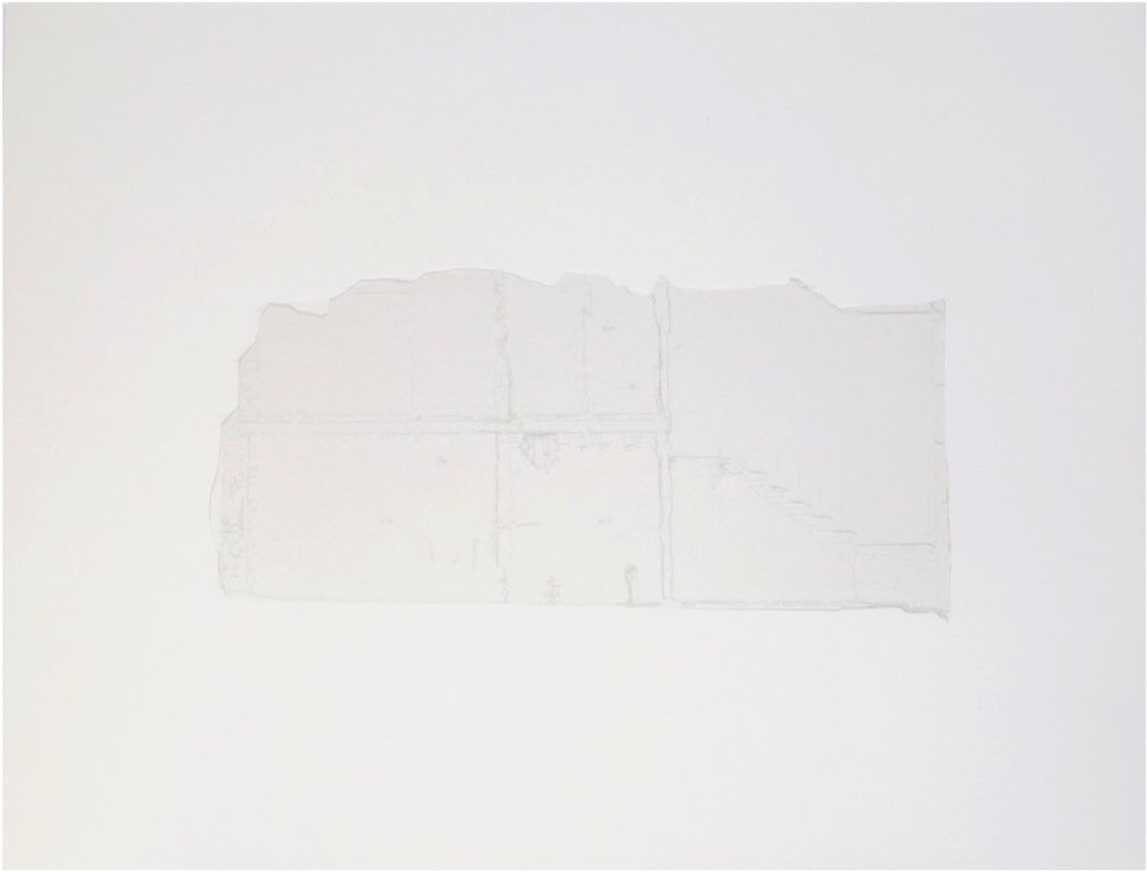 Nazgol Ansarinia, Membrane: a faint, ghostly embossed impression of a wall and staircase on a near-white sheet.